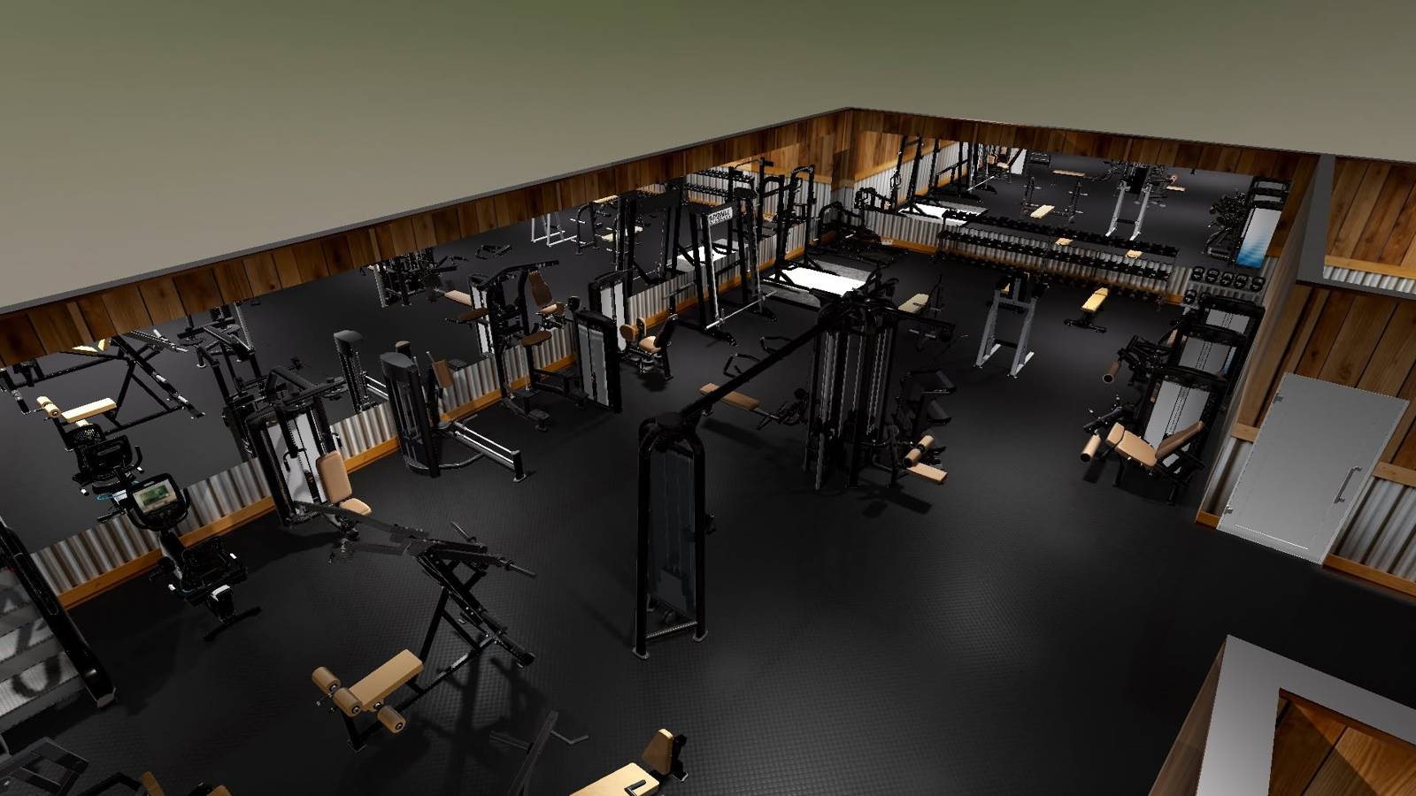 Rendering of The Buff Barn gym floor with machines, racks and dumbbells